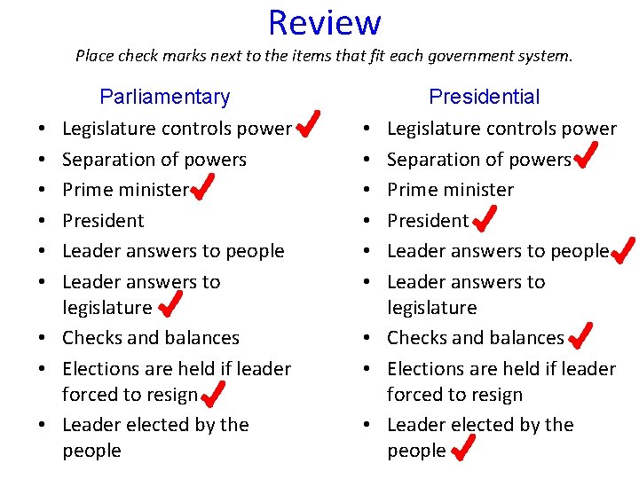 Review Place check marks next to the items that fit each government system. •