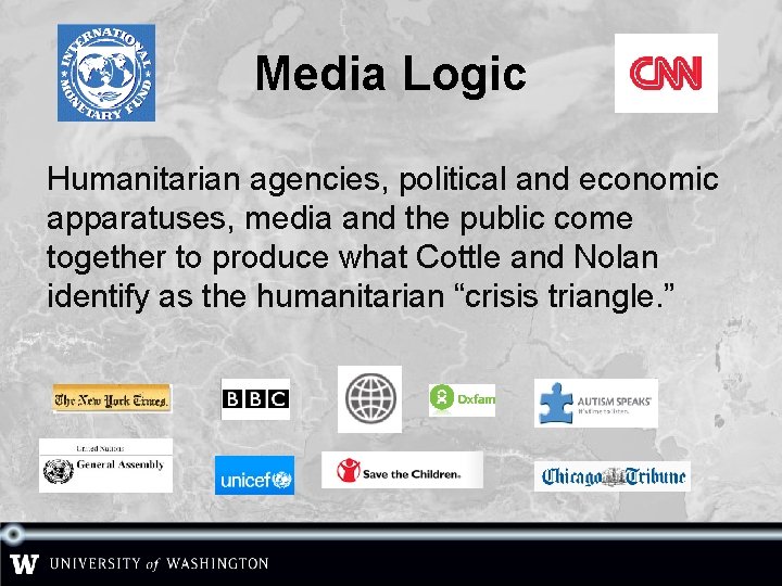 Media Logic Humanitarian agencies, political and economic apparatuses, media and the public come together