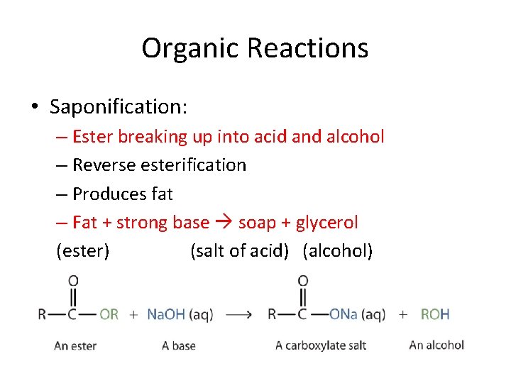 Organic Reactions • Saponification: – Ester breaking up into acid and alcohol – Reverse