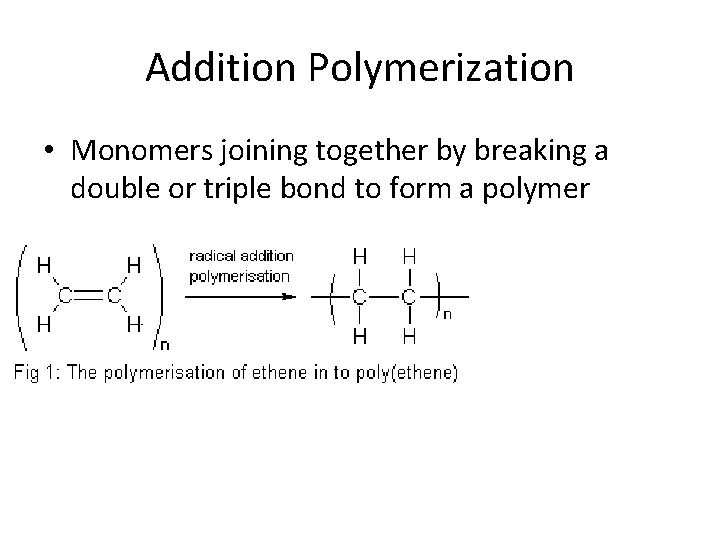 Addition Polymerization • Monomers joining together by breaking a double or triple bond to