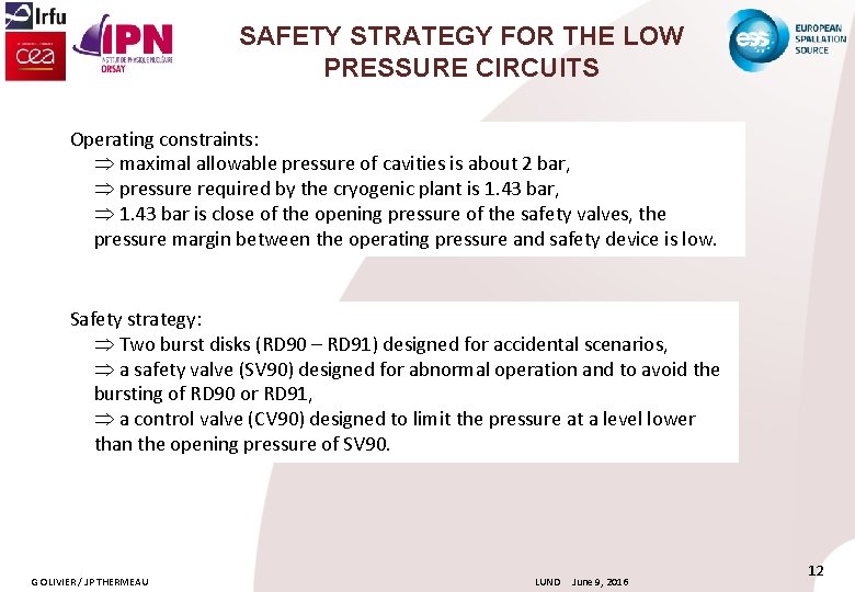 SAFETY STRATEGY FOR THE LOW PRESSURE CIRCUITS Operating constraints: Þ maximal allowable pressure of