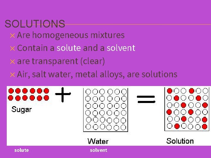 SOLUTIONS ✕ Are homogeneous mixtures ✕ Contain a solute and a solvent ✕ are