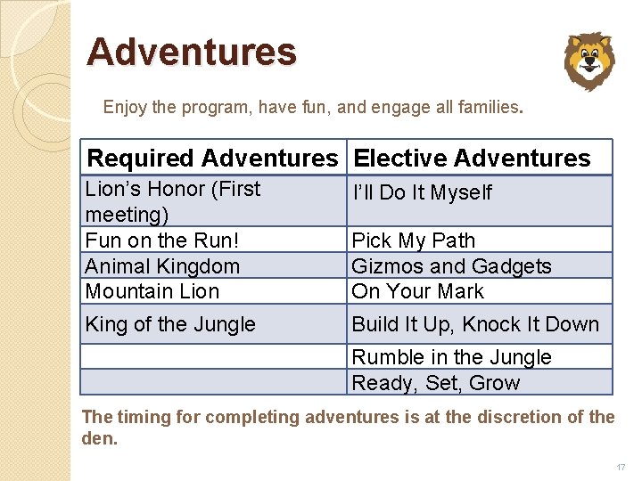 Adventures Enjoy the program, have fun, and engage all families. Required Adventures Elective Adventures