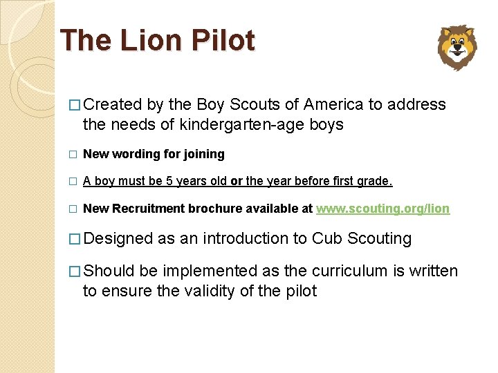 The Lion Pilot � Created by the Boy Scouts of America to address the