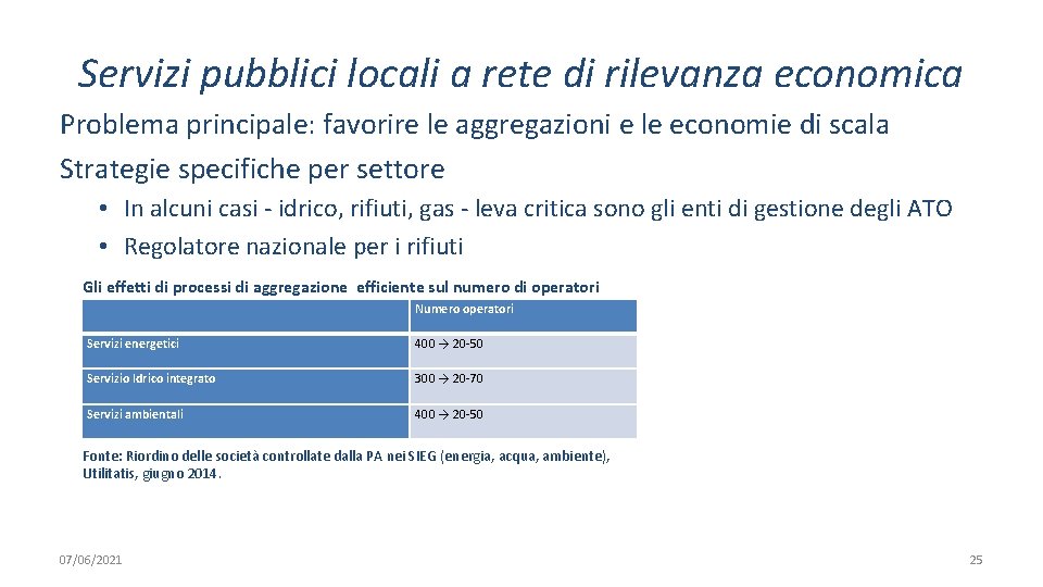 Servizi pubblici locali a rete di rilevanza economica Problema principale: favorire le aggregazioni e