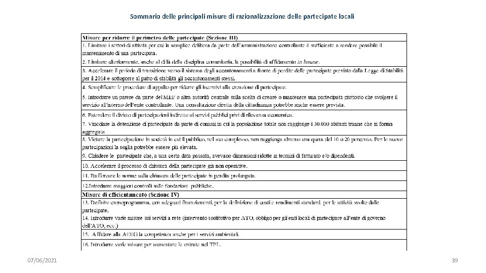 Sommario delle principali misure di razionalizzazione delle partecipate locali 07/06/2021 39 