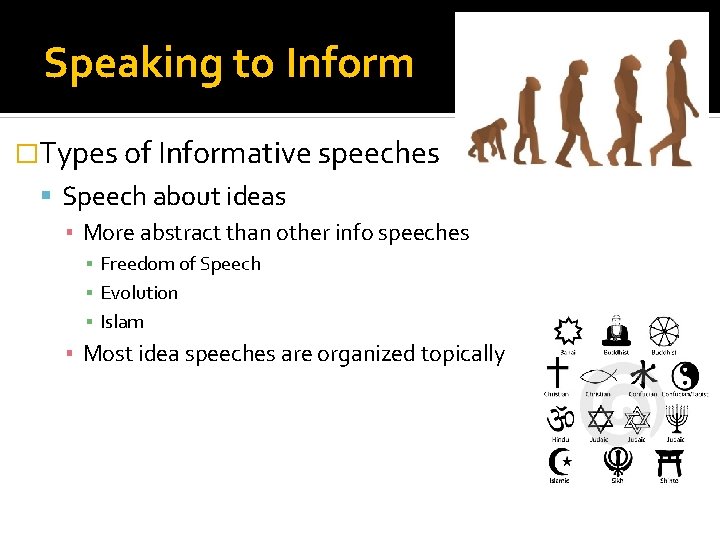 Speaking to Inform �Types of Informative speeches Speech about ideas ▪ More abstract than