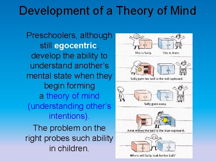 Development of a Theory of Mind Preschoolers, although still egocentric, develop the ability to