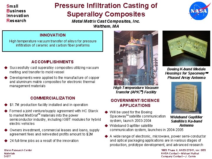 Pressure Infiltration Casting of Superalloy Composites Small Business Innovation Research Metal Matrix Cast Composites,