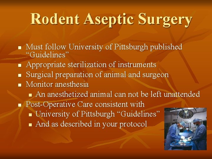 Rodent Aseptic Surgery n n n Must follow University of Pittsburgh published “Guidelines” Appropriate Rodent Aseptic Surgery n n n Must follow University of Pittsburgh published “Guidelines” Appropriate