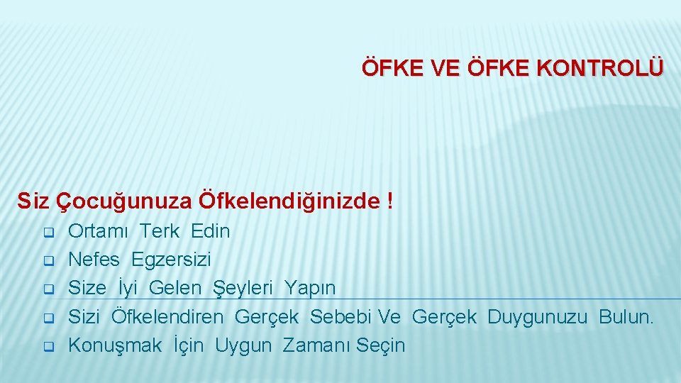 ÖFKE VE ÖFKE KONTROLÜ Siz Çocuğunuza Öfkelendiğinizde ! q q q Ortamı Terk Edin