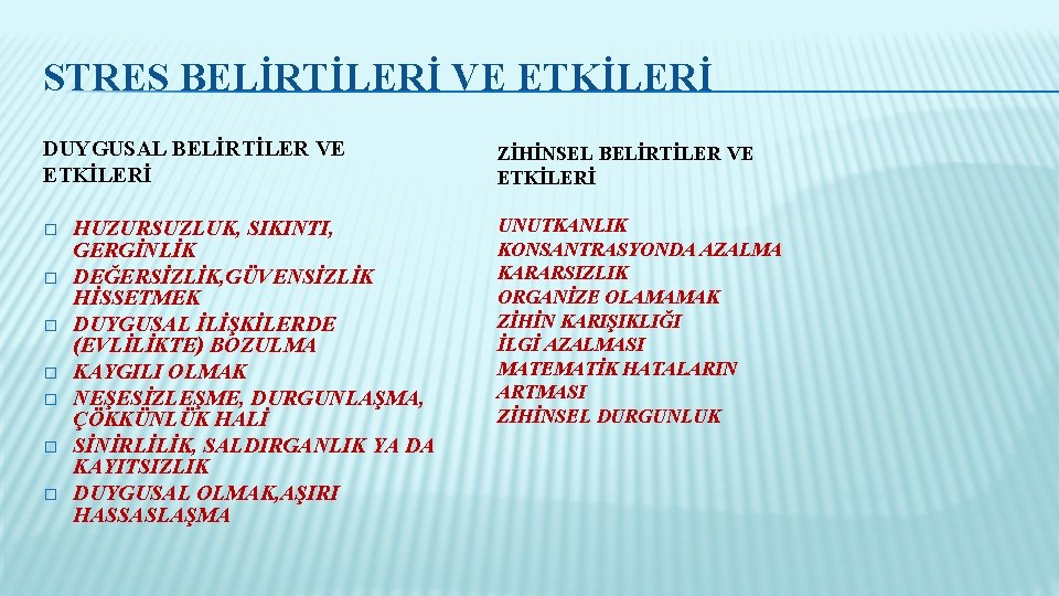 STRES BELİRTİLERİ VE ETKİLERİ DUYGUSAL BELİRTİLER VE ETKİLERİ � � � � HUZURSUZLUK, SIKINTI,