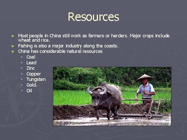 Resources Most people in China still work as farmers or herders. Major crops include