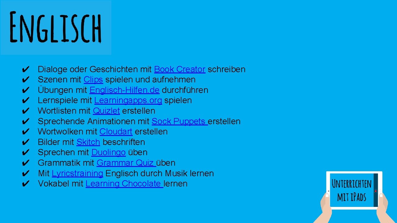 ✔ ✔ ✔ Dialoge oder Geschichten mit Book Creator schreiben Szenen mit Clips spielen ✔ ✔ ✔ Dialoge oder Geschichten mit Book Creator schreiben Szenen mit Clips spielen