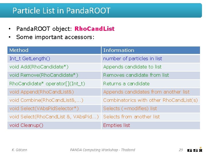 Particle List in Panda. ROOT • Panda. ROOT object: Rho. Cand. List • Some Particle List in Panda. ROOT • Panda. ROOT object: Rho. Cand. List • Some
