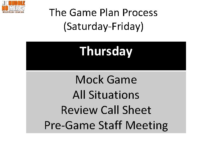 The Game Plan Process (Saturday-Friday) Thursday Mock Game All Situations Review Call Sheet Pre-Game