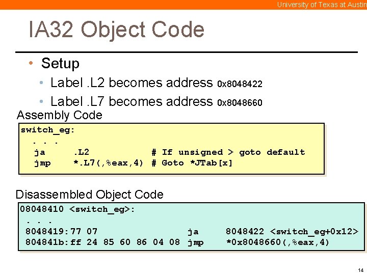 University of Texas at Austin IA 32 Object Code • Setup • Label. L