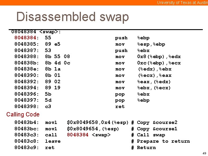 University of Texas at Austin Disassembled swap 08048384 <swap>: 8048384: 55 8048385: 89 e