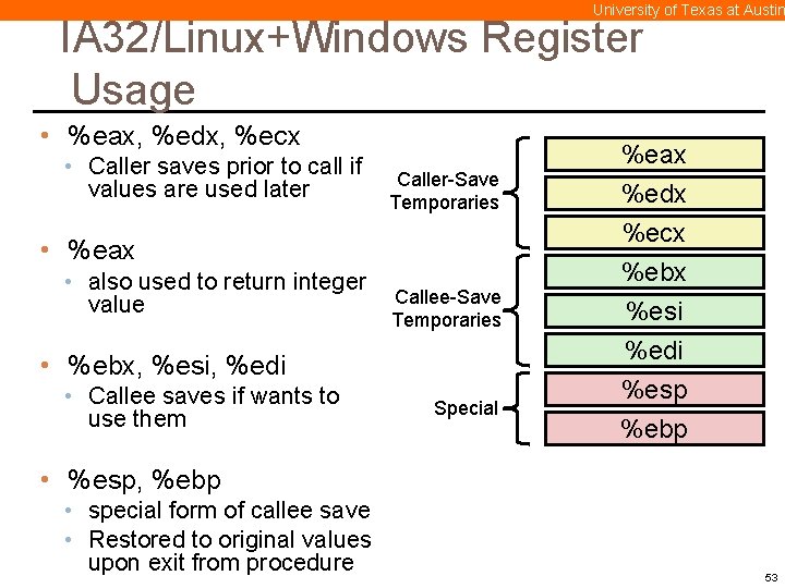 University of Texas at Austin IA 32/Linux+Windows Register Usage • %eax, %edx, %ecx •