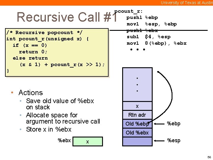 University of Texas at Austin pcount_r: pushl %ebp movl %esp, %ebp pushl %ebx subl