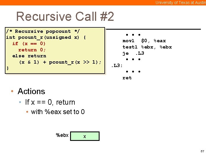 University of Texas at Austin Recursive Call #2 /* Recursive popcount */ int pcount_r(unsigned
