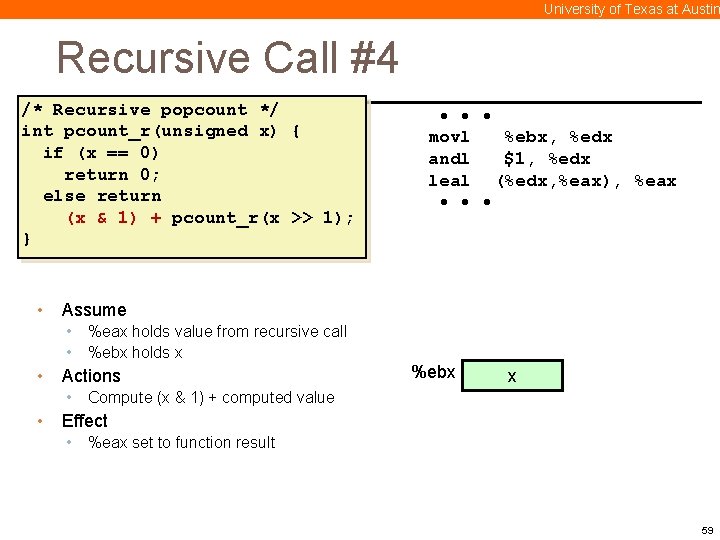 University of Texas at Austin Recursive Call #4 /* Recursive popcount */ int pcount_r(unsigned