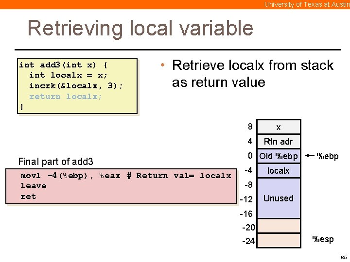 University of Texas at Austin Retrieving local variable int add 3(int x) { int