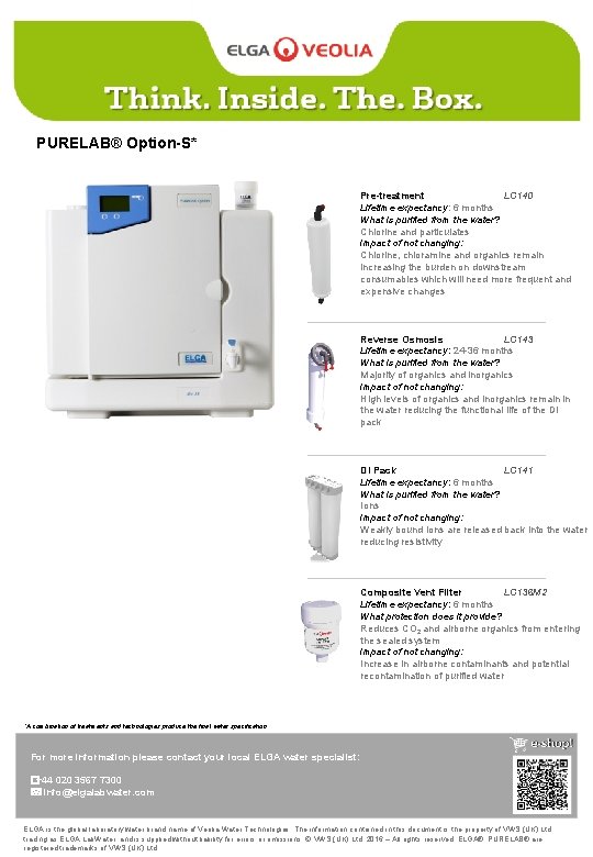 PURELAB® Option-S* Pre-treatment LC 140 Lifetime expectancy: 6 months What is purified from the