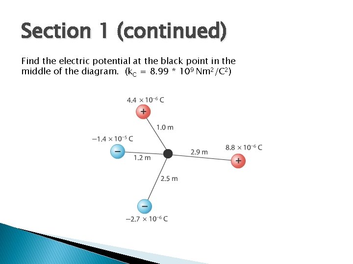 Section 1 (continued) Find the electric potential at the black point in the middle