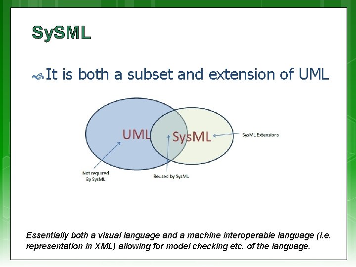 Sy. SML It is both a subset and extension of UML Essentially both a