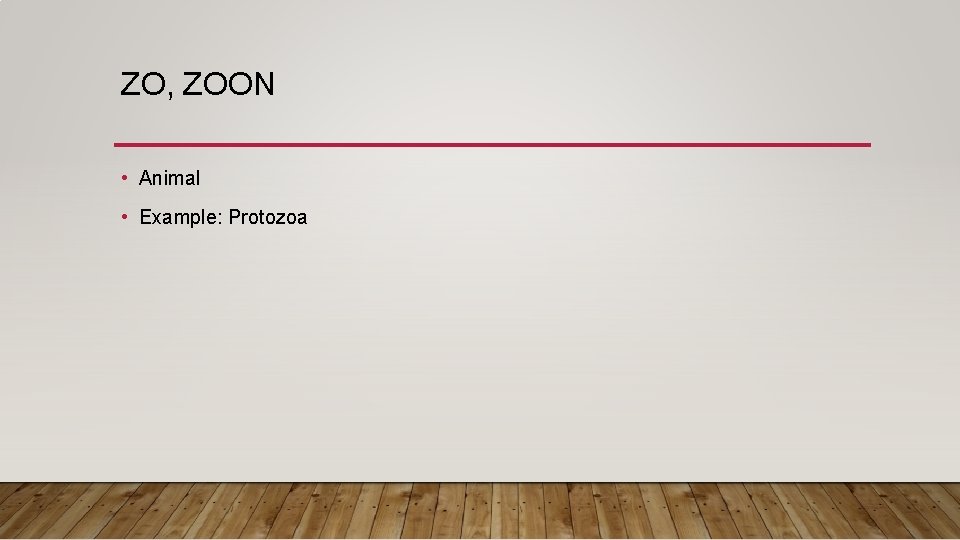 ZO, ZOON • Animal • Example: Protozoa 