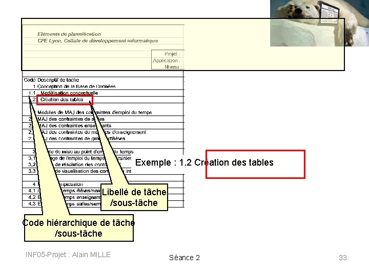 Exemple : 1. 2 Création des tables Libellé de tâche /sous-tâche Code hiérarchique de