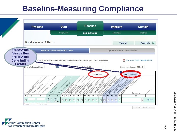 Baseline-Measuring Compliance 13 © Copyright, The Joint Commission Observable Versus Non Observable Contributing Factors