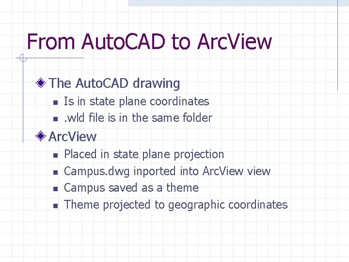 From Auto. CAD to Arc. View The Auto. CAD drawing n n Is in