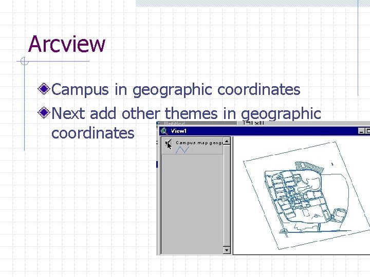 Arcview Campus in geographic coordinates Next add other themes in geographic coordinates 