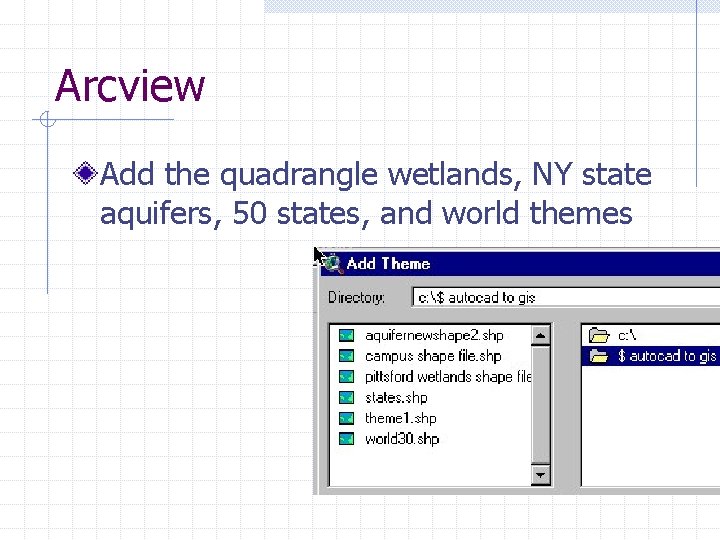 Arcview Add the quadrangle wetlands, NY state aquifers, 50 states, and world themes 