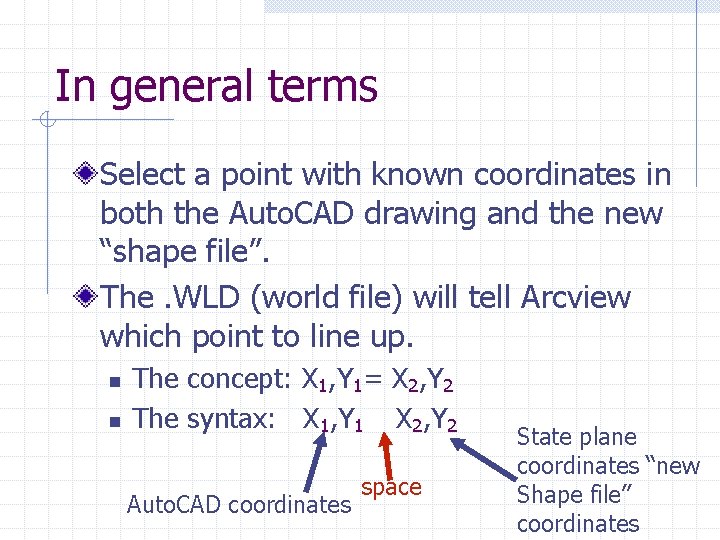 In general terms Select a point with known coordinates in both the Auto. CAD