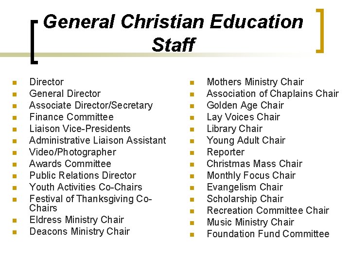 General Christian Education Staff n n n n Director General Director Associate Director/Secretary Finance