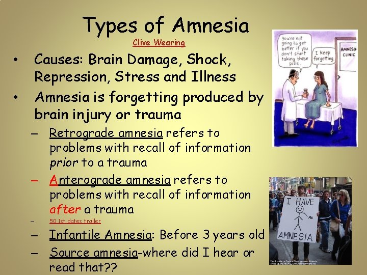 Types of Amnesia Clive Wearing • • Causes: Brain Damage, Shock, Repression, Stress and