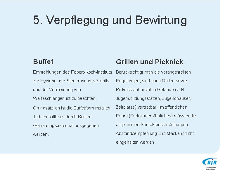 5. Verpflegung und Bewirtung Buffet Grillen und Picknick Empfehlungen des Robert-Koch-Instituts Berücksichtigt man die