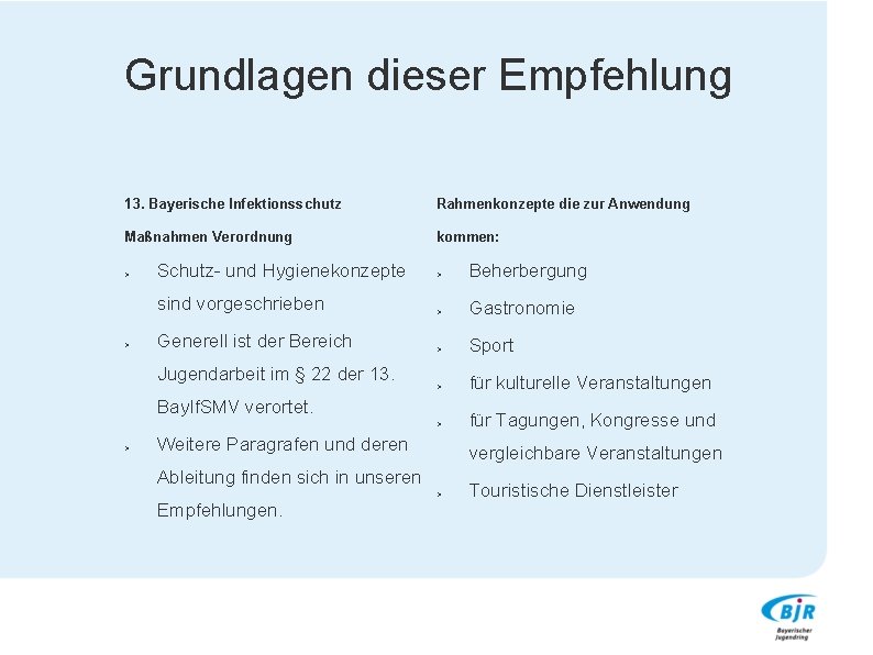 Grundlagen dieser Empfehlung 13. Bayerische Infektionsschutz Rahmenkonzepte die zur Anwendung Maßnahmen Verordnung kommen: >