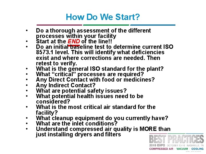 How Do We Start? • • • • Do a thorough assessment of the