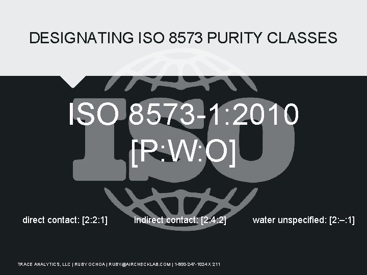 DESIGNATING ISO 8573 PURITY CLASSES ISO 8573 -1: 2010 [P: W: O] direct contact: