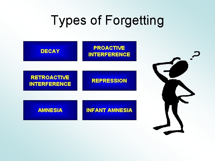 Types of Forgetting DECAY PROACTIVE INTERFERENCE RETROACTIVE INTERFERENCE REPRESSION AMNESIA INFANT AMNESIA 