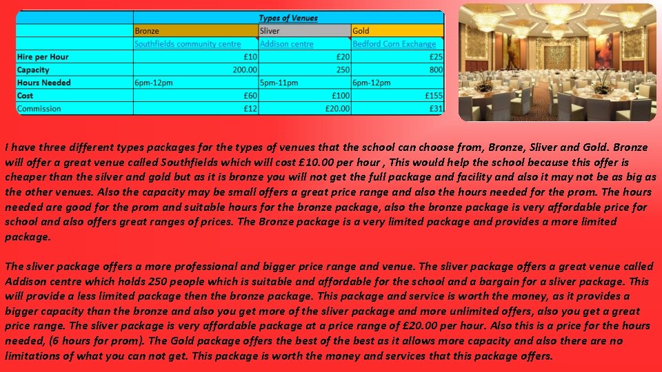 I have three different types packages for the types of venues that the school