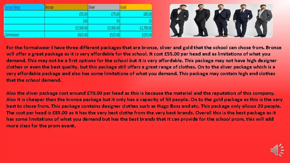 For the formalwear I have three different packages that are bronze, sliver and gold