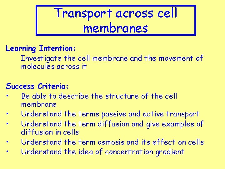 Transport across cell membranes Learning Intention: Investigate the cell membrane and the movement of