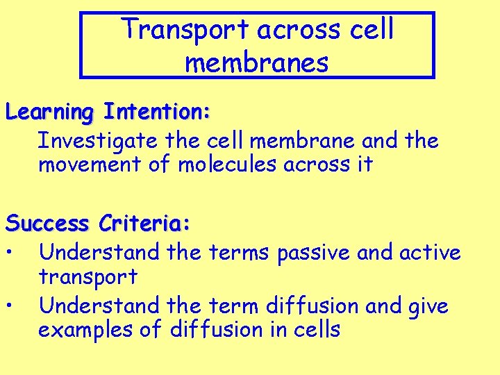 Transport across cell membranes Learning Intention: Investigate the cell membrane and the movement of