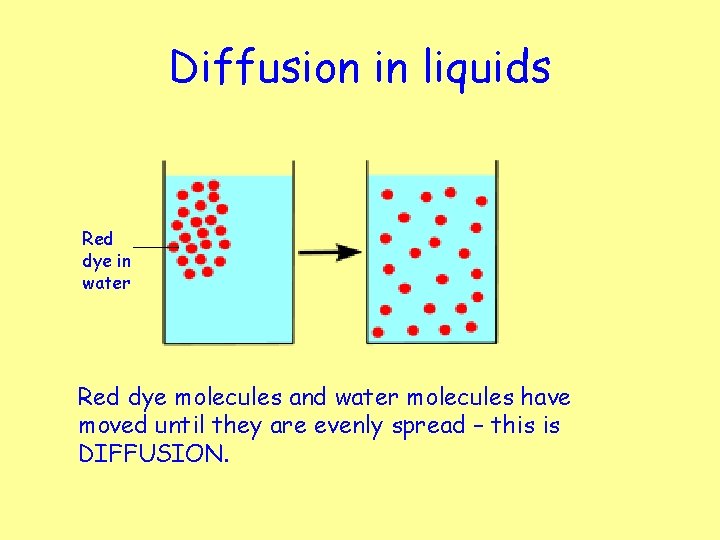 Diffusion in liquids Red dye in water Red dye molecules and water molecules have