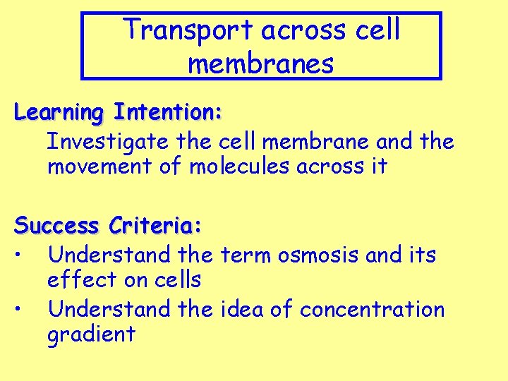 Transport across cell membranes Learning Intention: Investigate the cell membrane and the movement of